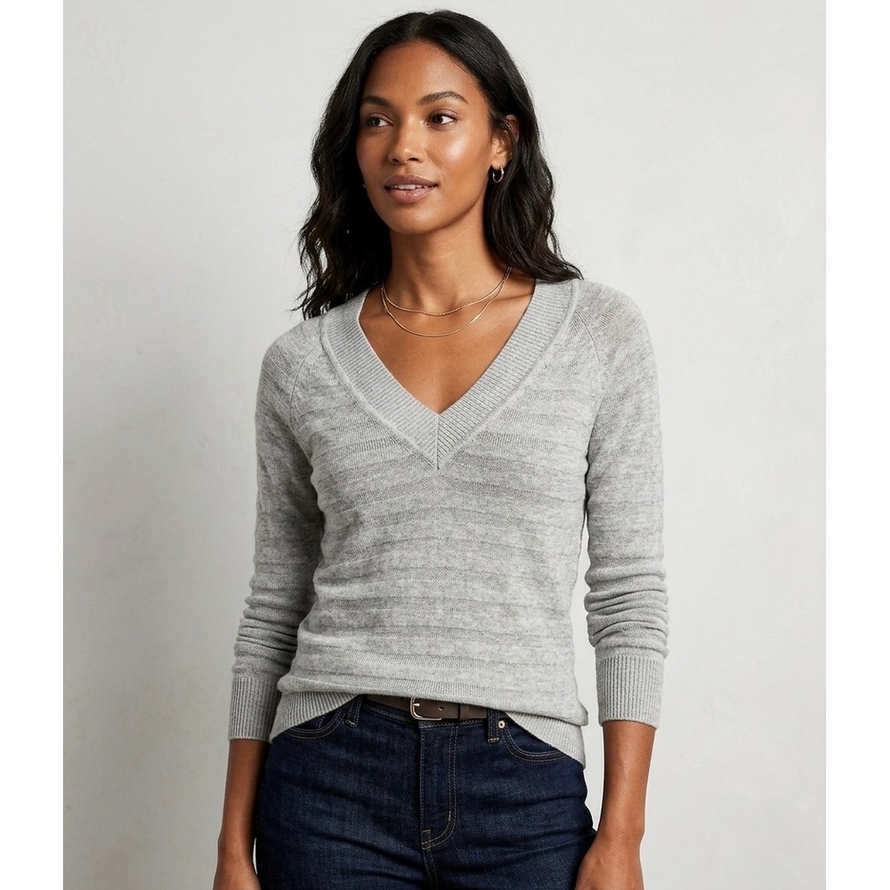 Moda International Women Small Grey Cotton Cashmere V-Neck Textured Sweater